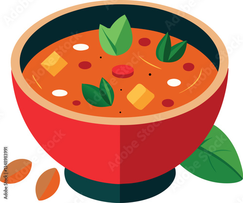 A bowl of soup with a green leaf on top