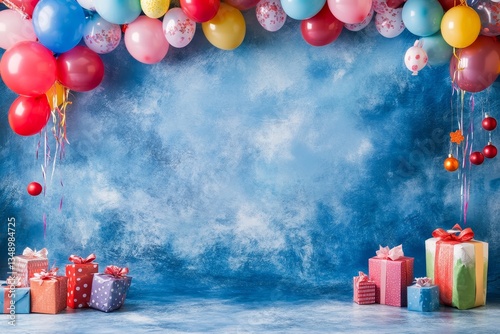Colorful child birthday card with balloons and gifts, with space for text