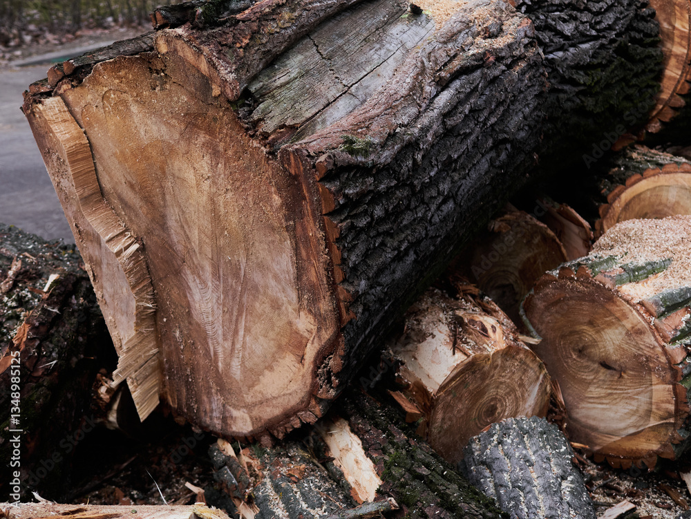 A large log is sitting on the ground with several smaller logs on top of it A large log is sitting on the ground with several smaller logs on top of it