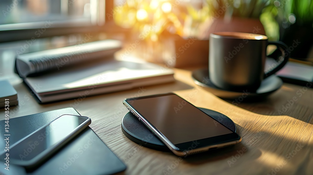 A cell phone sits on a charging pad next to a cup of coffee A cell phone sits on a charging pad next to a cup of coffee