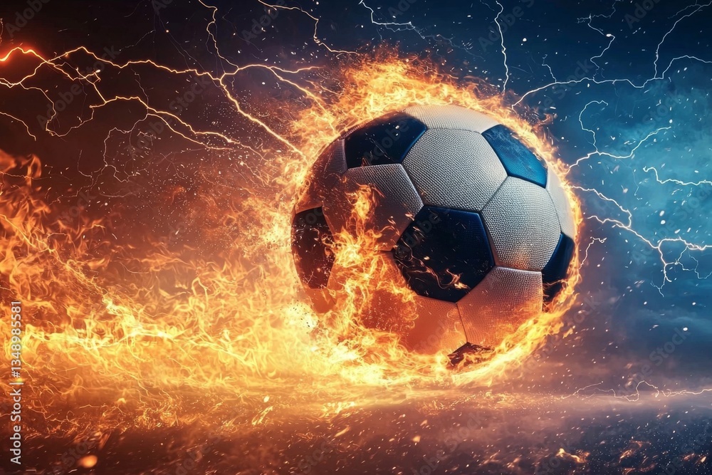 Fototapeta premium A vibrant clash of colors featuring a flaming soccer ball against a dramatic lightning storm.
