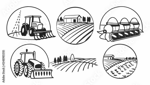 Generate 20 farming machinery icons with countryside or field backgrounds, including tractor, plow, harvester, irrigation system, seed drill, greenhouse, and water tank. Realistic style, earthy tones,