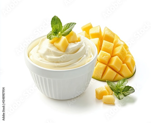 Mango Yogurt Dessert in White Bowl on White Background photo