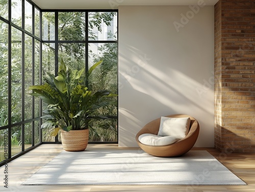 Helles, modernes Apartment mit großen Fenstern und gemütlichem Sessel