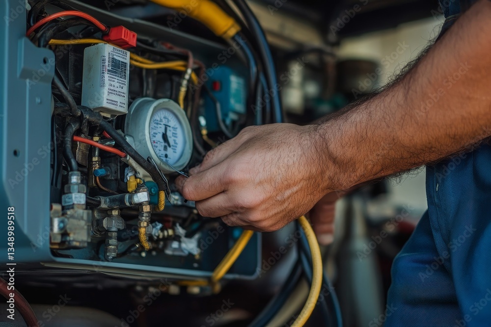 Repairman fixing a broken electric boiler or furnace