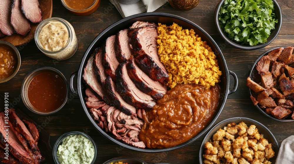 Smoked meat platter, sides, sauces, rustic table, overhead view, food photography Smoked meat platter, sides, sauces, rustic table, overhead view, food photography