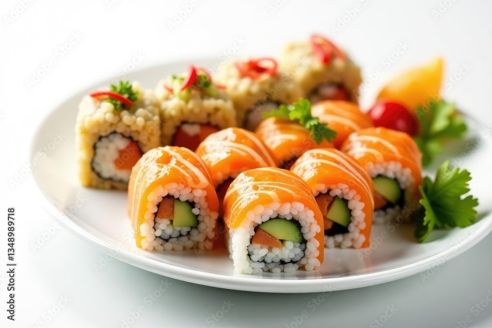 Colorful sushi platter, various rolls, white backdrop , sushi, meal, food Colorful sushi platter, various rolls, white backdrop , sushi, meal, food
