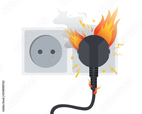 Danger of plug and power line damage, Burning electrical plug. The power plug short-circuited and caught fire.