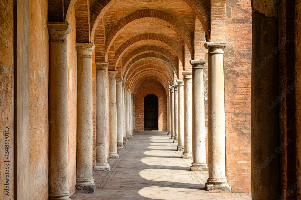 Fototapeta premium Arafed archways in a building with columns and brick floors