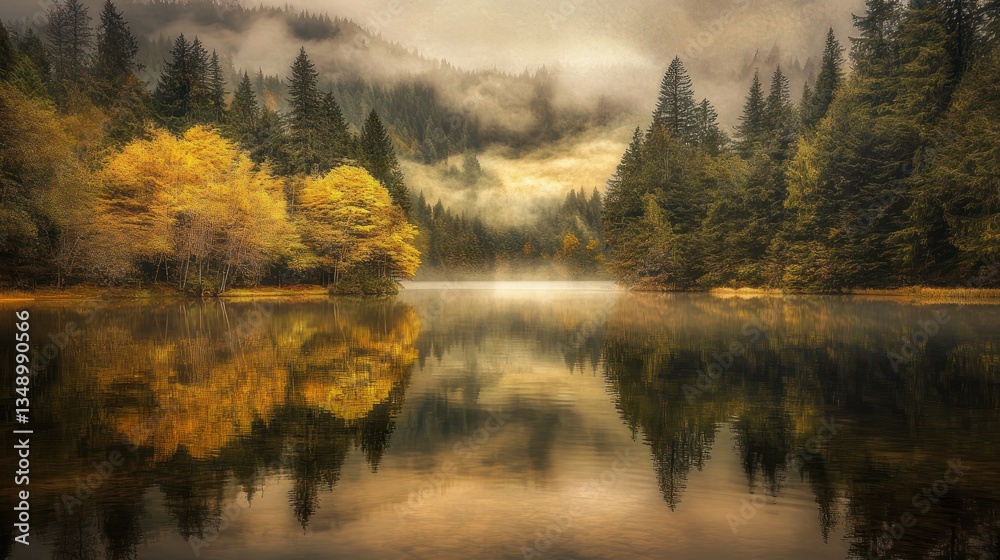 Fototapeta premium Autumn lake reflection, misty mountains, golden trees, serene landscape, nature postcard