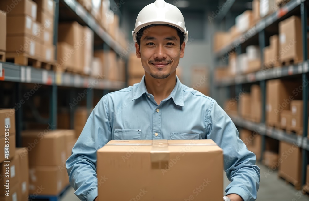 Smiling young Asian man, retail seller, small business owner holds parcel box in delivery shipping warehouse. Successful entrepreneur looking at camera, online store, drop shipping business. Smiling young Asian man, retail seller, small business owner holds parcel box in delivery shipping warehouse. Successful entrepreneur looking at camera, online store, drop shipping business.