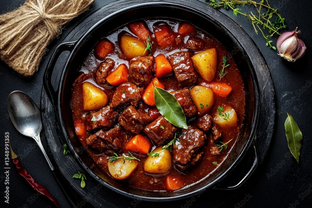 Rustic beef stew served with a spoon, radiating warmth and comfort. Rustic beef stew served with a spoon, radiating warmth and comfort.