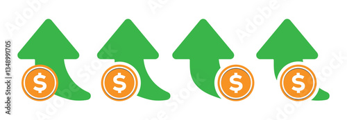 Green arrow, growth chart line, up arrow icon, business and sales concept.