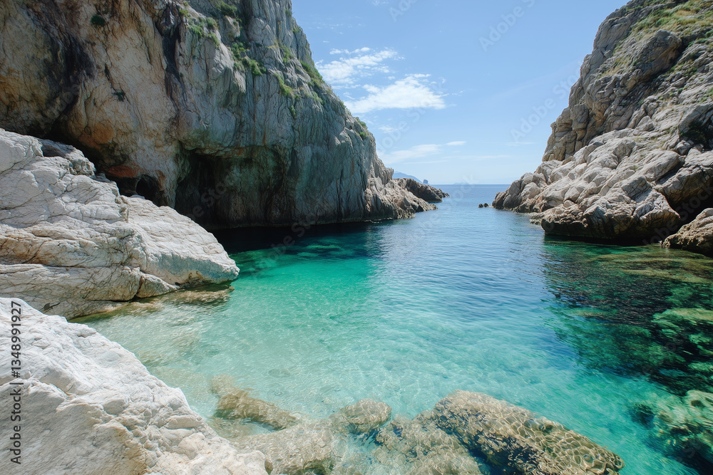 Fototapeta premium Crystal Clear Water Flowing Through Secluded Rocky Cove with Natural Beauty