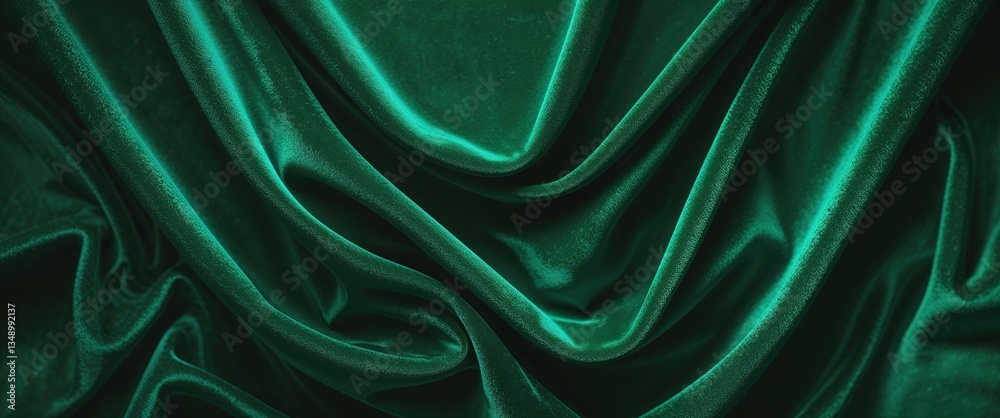 Fototapeta premium Deep green fabric lays gracefully with soft folds, showcasing a rich texture and elegant sheen. The vivid color enhances the luxurious feel of the material, perfect for various design uses