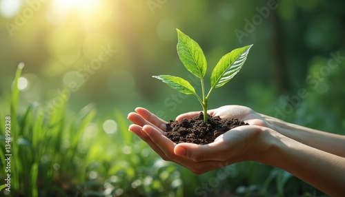 Hands hold small green plant with soil. Eco-friendly concept, environmental protection, nature care, sustainable lifestyle. New life, growth, springtime, ecology, earth day, future, eco-friendly.