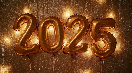 Golden anticipation: 2025 balloons illuminate a shimmering background