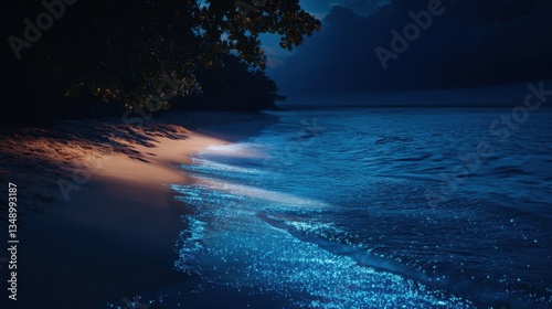 Bioluminescent plankton glow on a dark tropical beach at night creating a magical scene by the water's edge