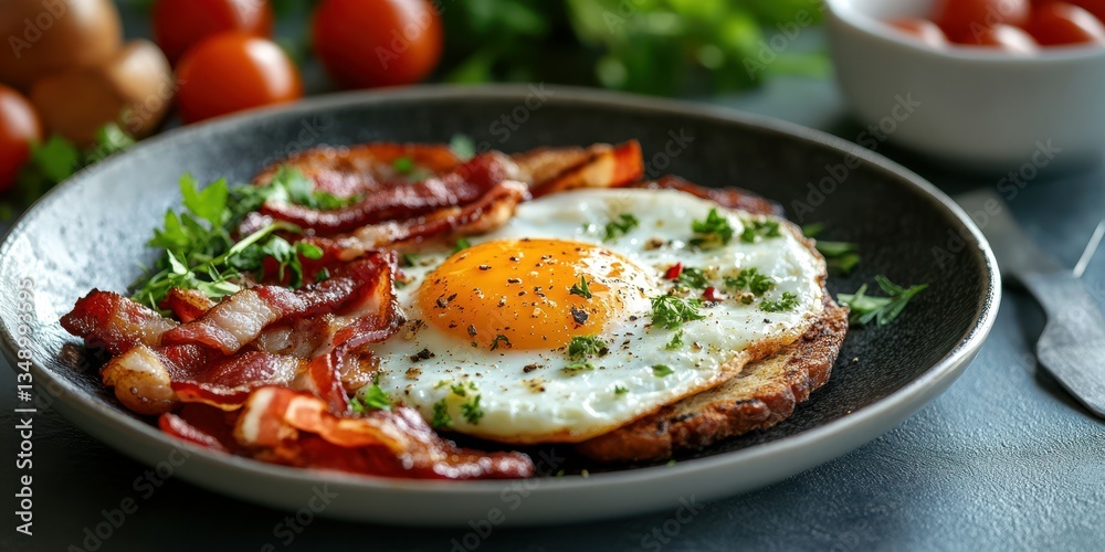 Delicious breakfast plate with crispy bacon, fried egg, and fresh herbs served in a cozy kitchen setting Delicious breakfast plate with crispy bacon, fried egg, and fresh herbs served in a cozy kitchen setting