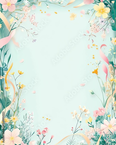 Illustration pastel minimal mockup blank frame for background Colorful floral border on soft blue background.