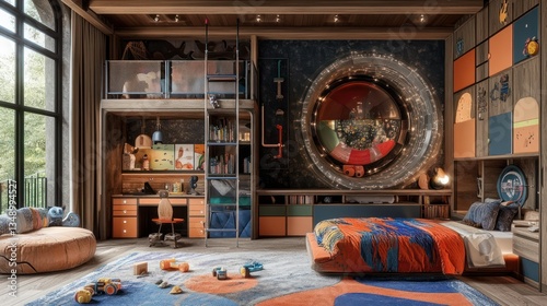 Child's room design, luxury home, playful decor, large window, space theme