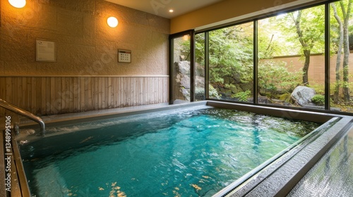 Indoor spa pool, tranquil garden view, relaxation, wellness center