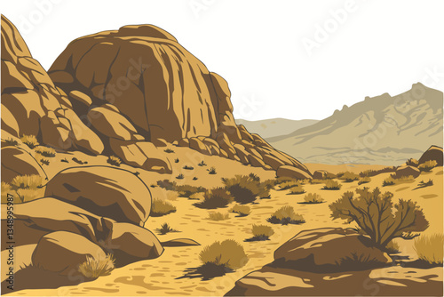 34 Photorealistic desert rocks, large boulders, scattered vegetation, arid landscape, warm sunlight, textured stone surfaces, isolated rock formation, desert scrub brush, weathered geological features