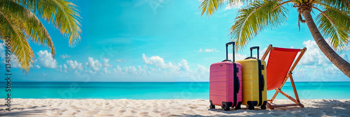 bannière web avec plage paradisiaque, deux valises trolley et une chaise longue, palmiers sur le côté, espace vide