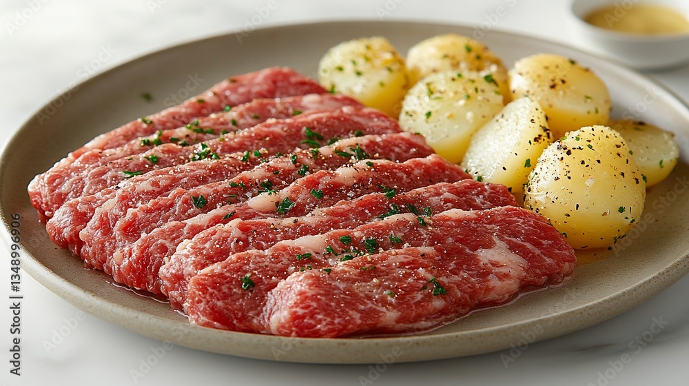 Sliced beef, potatoes, herb garnish, marble background, food photography Sliced beef, potatoes, herb garnish, marble background, food photography