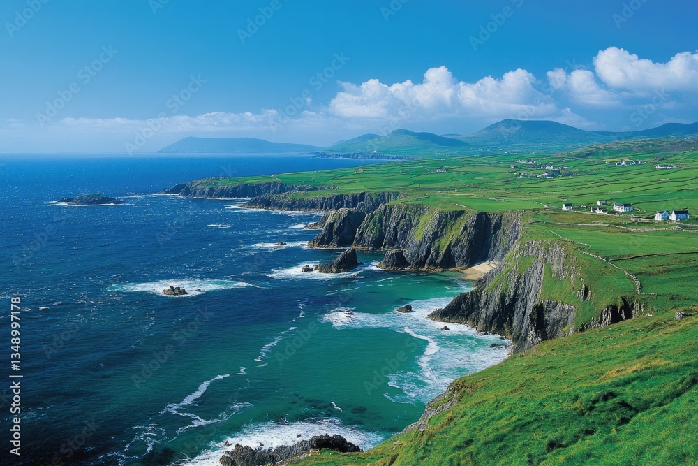 Coastal Irish landscape with lush greenery, cliffs, and ocean waves Coastal Irish landscape with lush greenery, cliffs, and ocean waves