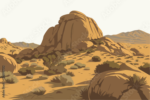 34 Photorealistic desert rocks, large boulders, scattered vegetation, arid landscape, warm sunlight, textured stone surfaces, isolated rock formation, desert scrub brush, weathered geological features