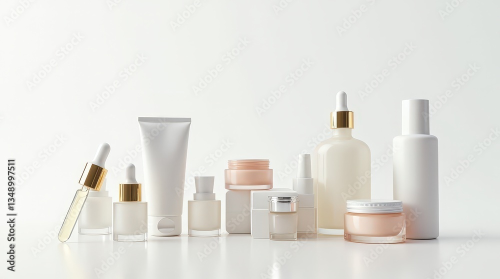 Wide view of skincare set with creams, oils, and serums on white backdrop, sleek modern design, beauty care theme Wide view of skincare set with creams, oils, and serums on white backdrop, sleek modern design, beauty care theme