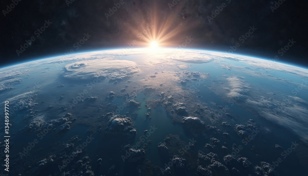 Stunning view of planet Earth from space. Glowing sun over blue planet surface with clouds. Space exploration, travel. Astronomy background, global concept. Science tech future. Stunning view of planet Earth from space. Glowing sun over blue planet surface with clouds. Space exploration, travel. Astronomy background, global concept. Science tech future.