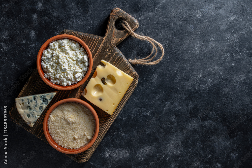 Set of different cheeses on wooden cutting board on a black background, closeup, top view, copy space . Various types of cheese Set of different cheeses on wooden cutting board on a black background, closeup, top view, copy space . Various types of cheese