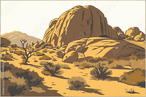 34 Photorealistic desert rocks, large boulders, scattered vegetation, arid landscape, warm sunlight, textured stone surfaces, isolated rock formation, desert scrub brush, weathered geological features