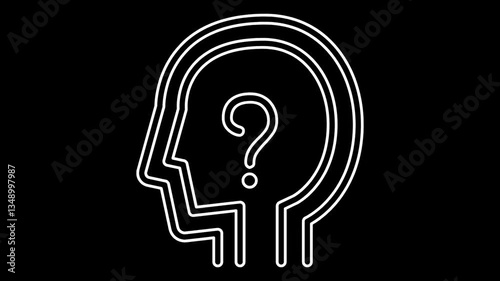White outline of a man's head with a question mark, representing abstract thought or inquiry in a motion graphic style.