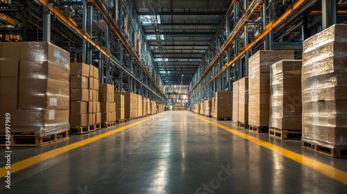 Advanced paper and printing industry factory. Retail warehouse full of shelves with cardboard boxes and packages. Logistics, storage, and delivery industrial background. 3d illustration.