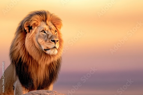 Majestic lion gazing into sunset, showcasing vibrant fur and reg