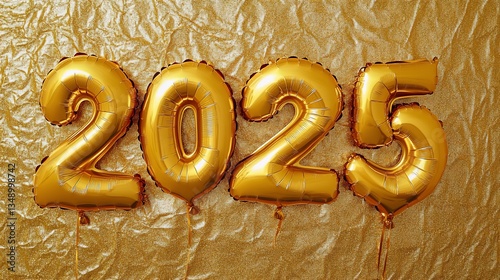Golden 2025 Foil Balloons on Sparkling Gold Background Festive Celebration