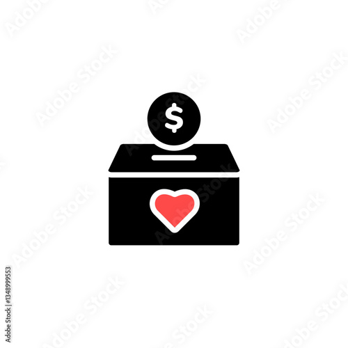 Minimalist design of a donation box with a heart and a coin, representing charity and giving.