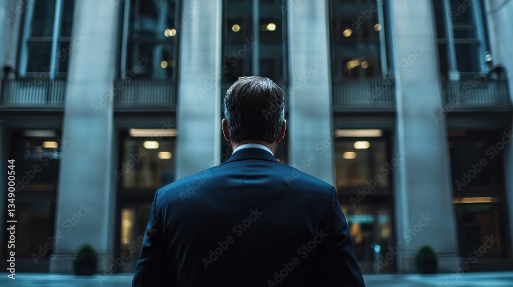 Businessman Contemplating Future; Ambitious Professional Standing Before Modern Skyscraper Businessman Contemplating Future; Ambitious Professional Standing Before Modern Skyscraper