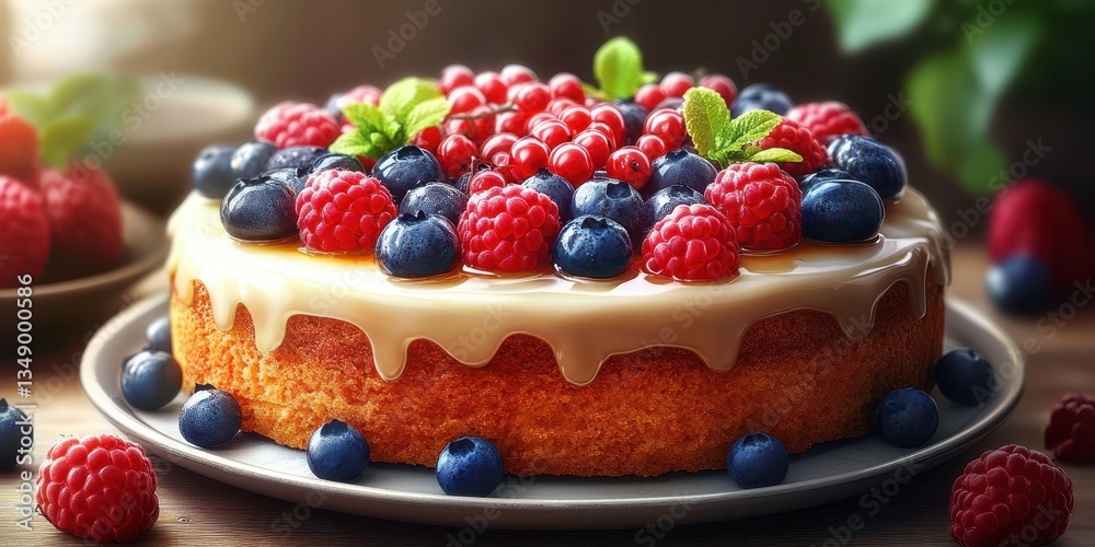 Fresh berry cake topped with cream and mint leaves on a rustic wooden table Fresh berry cake topped with cream and mint leaves on a rustic wooden table