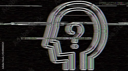 White outline of a man's head with a question mark, representing abstract thought or inquiry in a motion graphic style.