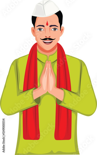 Indian Gujarati Man Greeting Namaste Cartoon Character Vector Illustration