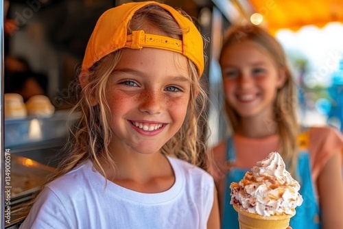 A heartwarming scene unfolds as parents surprise their children with an unexpected roadside ice cream stop The children's faces light up with pure joy and excitement, their eyes widening in