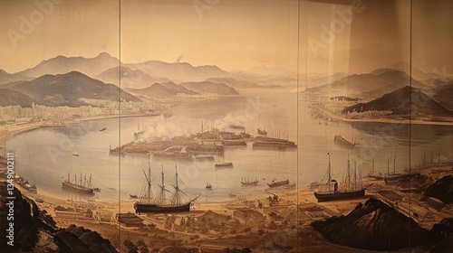 Historic Harbor Panorama 19th Century Hong Kong Ships & Mountains