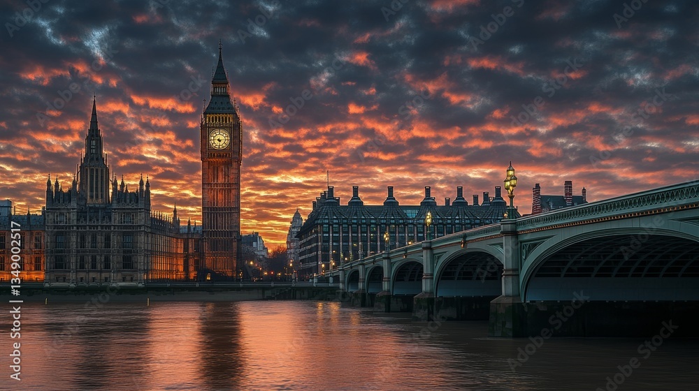 Obraz premium A stunning evening view of the Westminster Palace and Big Ben in London, set against a dramatic sky filled with dark, textured clouds.