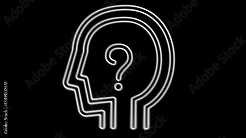 White outline of a man's head with a question mark, representing abstract thought or inquiry in a motion graphic style.
