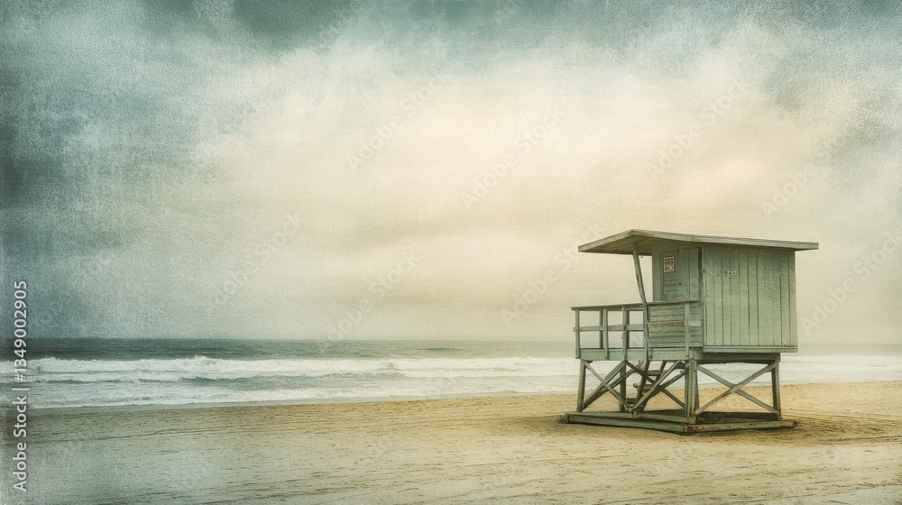 Lonely beach lifeguard stand, stormy sky, ocean waves, sandy shore, vintage filter, calming coastal scene Lonely beach lifeguard stand, stormy sky, ocean waves, sandy shore, vintage filter, calming coastal scene