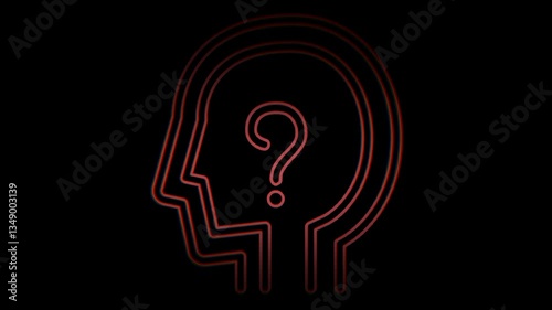 White outline of a man's head with a question mark, representing abstract thought or inquiry in a motion graphic style.